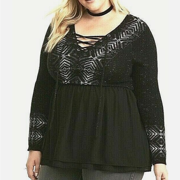 Torrid Black Sweater Fair Isle Knit Chiffon Pullover Shirt Trim Women's Plus 3X - Picture 1 of 6
